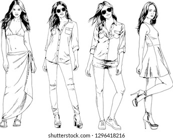 vector drawings on the theme of beautiful slim sporty girl in casual clothes in various poses painted ink hand sketch with no background