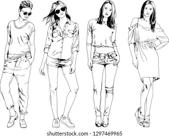 vector drawings on the theme of beautiful slim sporty girl in casual clothes in various poses painted ink hand sketch with no background