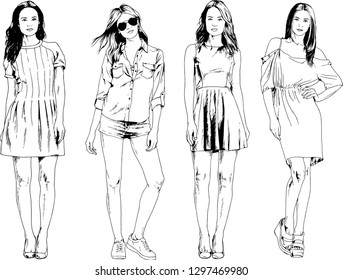 vector drawings on the theme of beautiful slim sporty girl in casual clothes in various poses painted ink hand sketch with no background