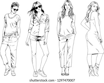 vector drawings on the theme of beautiful slim sporty girl in casual clothes in various poses painted ink hand sketch with no background