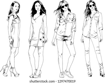 vector drawings on the theme of beautiful slim sporty girl in casual clothes in various poses painted ink hand sketch with no background