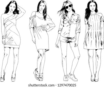 vector drawings on the theme of beautiful slim sporty girl in casual clothes in various poses painted ink hand sketch with no background