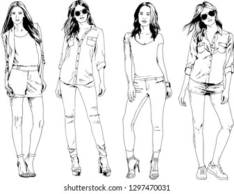 vector drawings on the theme of beautiful slim sporty girl in casual clothes in various poses painted ink hand sketch with no background