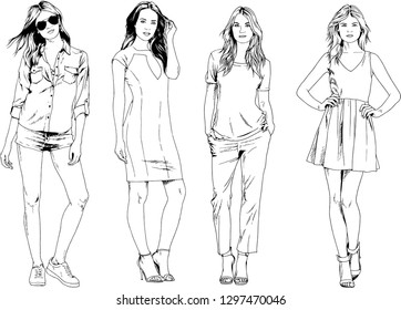 vector drawings on the theme of beautiful slim sporty girl in casual clothes in various poses painted ink hand sketch with no background