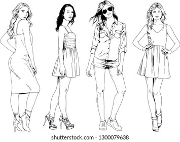 vector drawings on the theme of beautiful slim sporty girl in casual clothes in various poses painted ink hand sketch with no background
