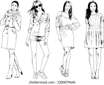 vector drawings on the theme of beautiful slim sporty girl in casual clothes in various poses painted ink hand sketch with no background