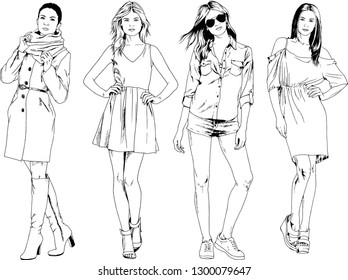 vector drawings on the theme of beautiful slim sporty girl in casual clothes in various poses painted ink hand sketch with no background