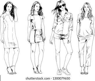 vector drawings on the theme of beautiful slim sporty girl in casual clothes in various poses painted ink hand sketch with no background