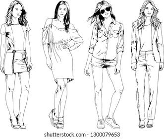 vector drawings on the theme of beautiful slim sporty girl in casual clothes in various poses painted ink hand sketch with no background