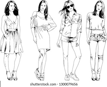 vector drawings on the theme of beautiful slim sporty girl in casual clothes in various poses painted ink hand sketch with no background