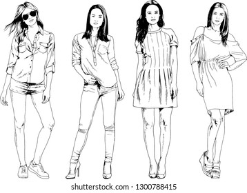 vector drawings on the theme of beautiful slim sporty girl in casual clothes in various poses painted ink hand sketch with no background