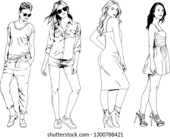 vector drawings on the theme of beautiful slim sporty girl in casual clothes in various poses painted ink hand sketch with no background