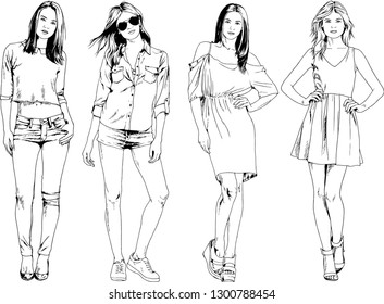 vector drawings on the theme of beautiful slim sporty girl in casual clothes in various poses painted ink hand sketch with no background