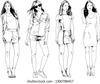 vector drawings on the theme of beautiful slim sporty girl in casual clothes in various poses painted ink hand sketch with no background