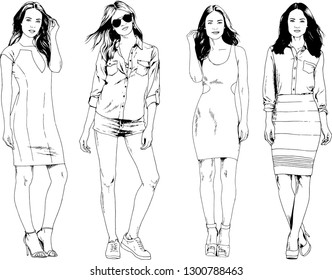 vector drawings on the theme of beautiful slim sporty girl in casual clothes in various poses painted ink hand sketch with no background