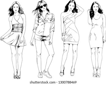 vector drawings on the theme of beautiful slim sporty girl in casual clothes in various poses painted ink hand sketch with no background