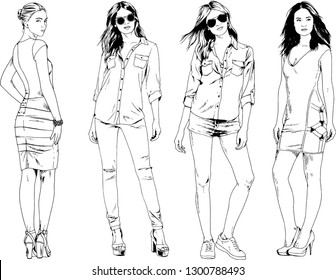 vector drawings on the theme of beautiful slim sporty girl in casual clothes in various poses painted ink hand sketch with no background