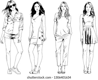 vector drawings on the theme of beautiful slim sporty girl in casual clothes in various poses painted ink hand sketch with no background