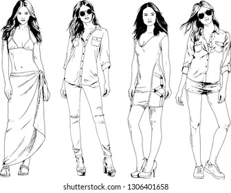 vector drawings on the theme of beautiful slim sporty girl in casual clothes in various poses painted ink hand sketch with no background