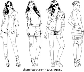 vector drawings on the theme of beautiful slim sporty girl in casual clothes in various poses painted ink hand sketch with no background