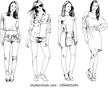 vector drawings on the theme of beautiful slim sporty girl in casual clothes in various poses painted ink hand sketch with no background