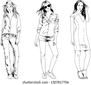 vector drawings on the theme of beautiful slim sporty girl in casual clothes in various poses painted ink hand sketch with no background