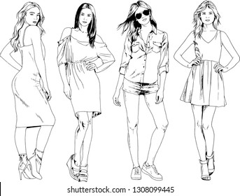 vector drawings on the theme of beautiful slim sporty girl in casual clothes in various poses painted ink hand sketch with no background