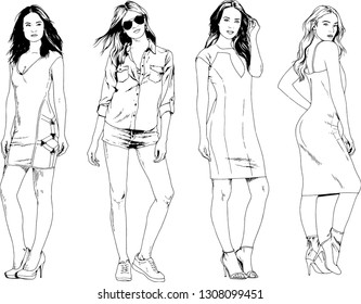 vector drawings on the theme of beautiful slim sporty girl in casual clothes in various poses painted ink hand sketch with no background