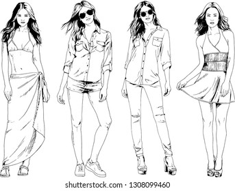 vector drawings on the theme of beautiful slim sporty girl in casual clothes in various poses painted ink hand sketch with no background
