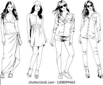 vector drawings on the theme of beautiful slim sporty girl in casual clothes in various poses painted ink hand sketch with no background