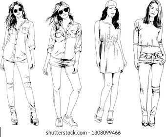vector drawings on the theme of beautiful slim sporty girl in casual clothes in various poses painted ink hand sketch with no background