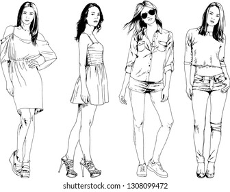 vector drawings on the theme of beautiful slim sporty girl in casual clothes in various poses painted ink hand sketch with no background