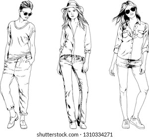 vector drawings on the theme of beautiful slim sporty girl in casual clothes in various poses painted ink hand sketch with no background