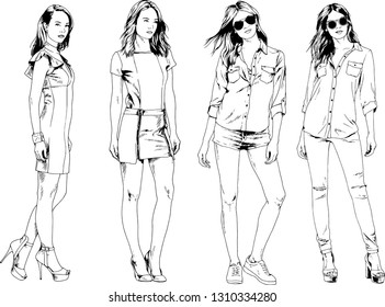 vector drawings on the theme of beautiful slim sporty girl in casual clothes in various poses painted ink hand sketch with no background