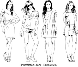 vector drawings on the theme of beautiful slim sporty girl in casual clothes in various poses painted ink hand sketch with no background