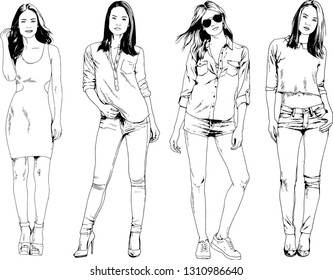 vector drawings on the theme of beautiful slim sporty girl in casual clothes in various poses painted ink hand sketch with no background