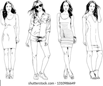 vector drawings on the theme of beautiful slim sporty girl in casual clothes in various poses painted ink hand sketch with no background