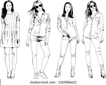 vector drawings on the theme of beautiful slim sporty girl in casual clothes in various poses painted ink hand sketch with no background