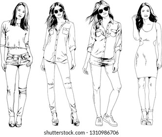 vector drawings on the theme of beautiful slim sporty girl in casual clothes in various poses painted ink hand sketch with no background