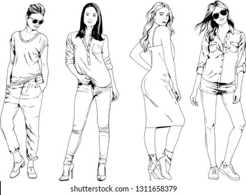 vector drawings on the theme of beautiful slim sporty girl in casual clothes in various poses painted ink hand sketch with no background