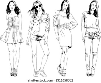 vector drawings on the theme of beautiful slim sporty girl in casual clothes in various poses painted ink hand sketch with no background
