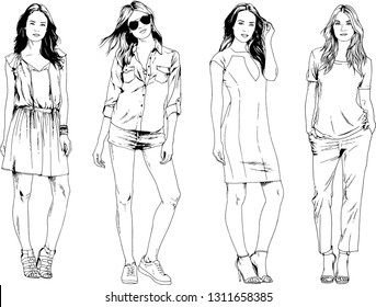 vector drawings on the theme of beautiful slim sporty girl in casual clothes in various poses painted ink hand sketch with no background