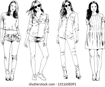 vector drawings on the theme of beautiful slim sporty girl in casual clothes in various poses painted ink hand sketch with no background