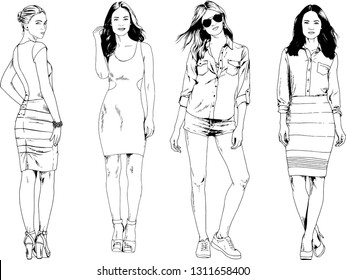 vector drawings on the theme of beautiful slim sporty girl in casual clothes in various poses painted ink hand sketch with no background