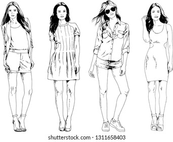 vector drawings on the theme of beautiful slim sporty girl in casual clothes in various poses painted ink hand sketch with no background