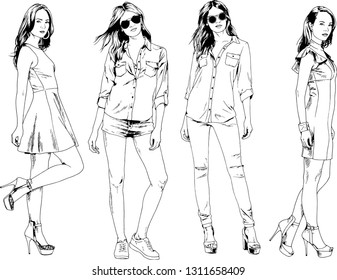 vector drawings on the theme of beautiful slim sporty girl in casual clothes in various poses painted ink hand sketch with no background