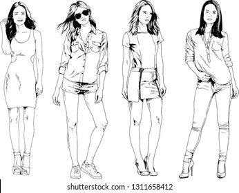 vector drawings on the theme of beautiful slim sporty girl in casual clothes in various poses painted ink hand sketch with no background