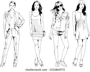vector drawings on the theme of beautiful slim sporty girl in casual clothes in various poses painted ink hand sketch with no background
