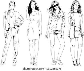 vector drawings on the theme of beautiful slim sporty girl in casual clothes in various poses painted ink hand sketch with no background