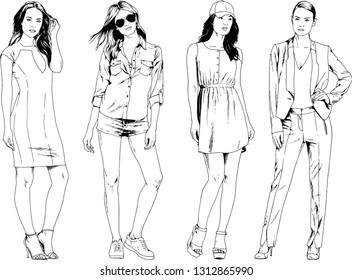 vector drawings on the theme of beautiful slim sporty girl in casual clothes in various poses painted ink hand sketch with no background